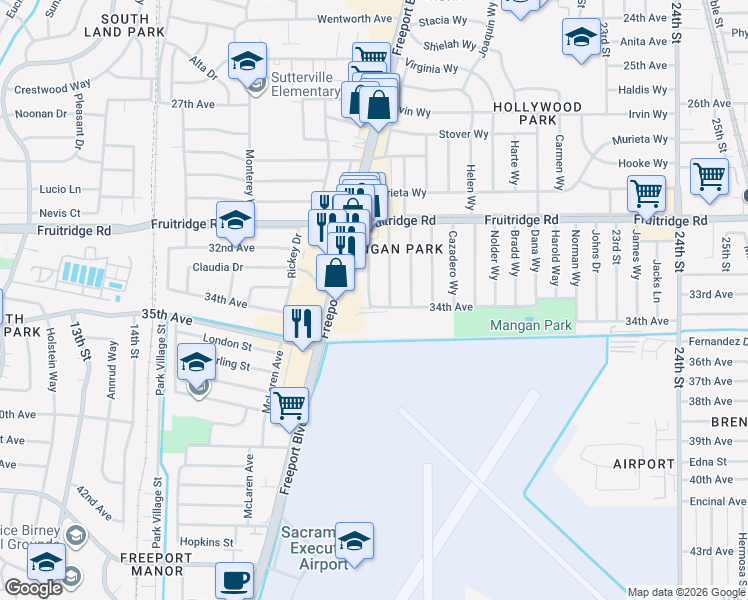map of restaurants, bars, coffee shops, grocery stores, and more near 5701 Freeport Boulevard in Sacramento
