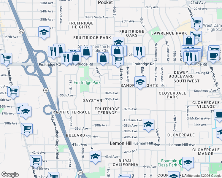 map of restaurants, bars, coffee shops, grocery stores, and more near 4312 34th Avenue in Sacramento