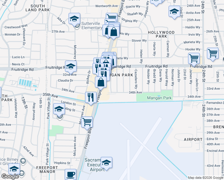 map of restaurants, bars, coffee shops, grocery stores, and more near 5701 Freeport Boulevard in Sacramento