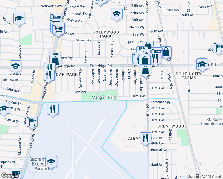 map of restaurants, bars, coffee shops, grocery stores, and more near 2230 34th Avenue in Sacramento