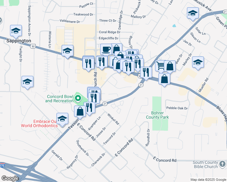 map of restaurants, bars, coffee shops, grocery stores, and more near 9940 Arthur Lane in St. Louis