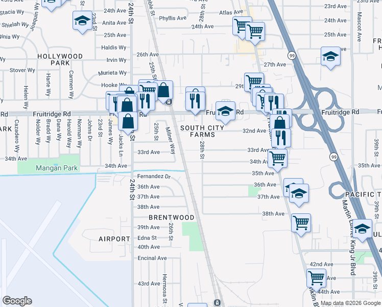 map of restaurants, bars, coffee shops, grocery stores, and more near 2750 33rd Avenue in Sacramento