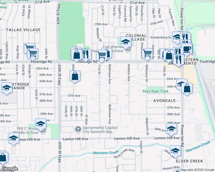map of restaurants, bars, coffee shops, grocery stores, and more near 5784 Belleview Avenue in Sacramento
