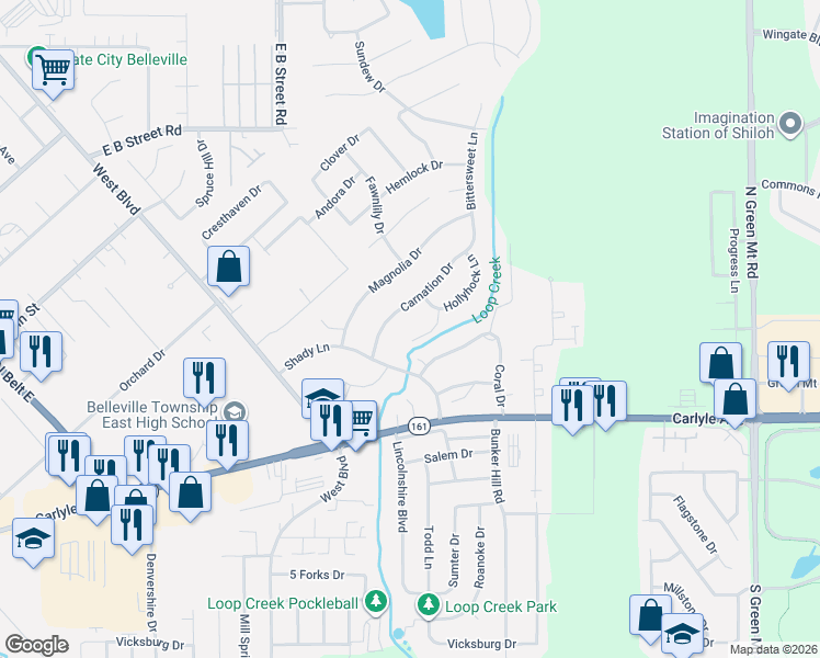 map of restaurants, bars, coffee shops, grocery stores, and more near 37 Coral Drive in Belleville