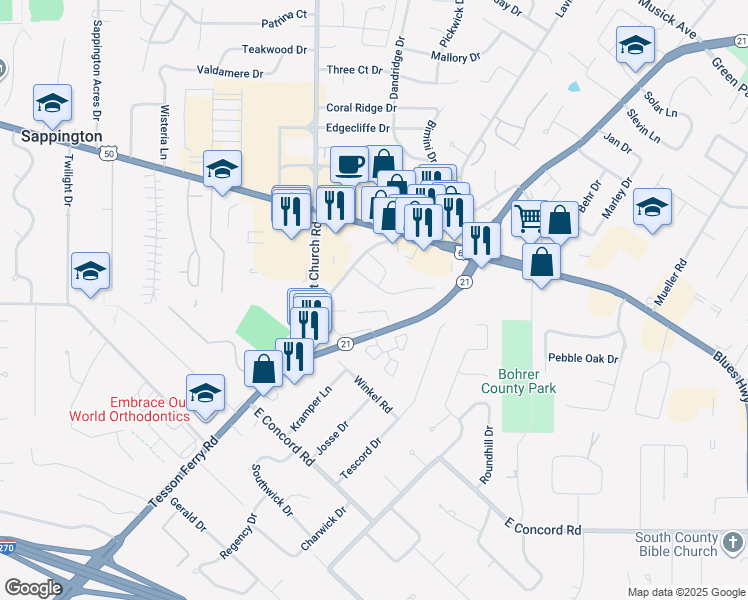 map of restaurants, bars, coffee shops, grocery stores, and more near 11771 Tesson Ferry Road in St. Louis