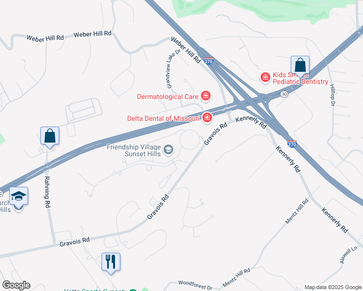 map of restaurants, bars, coffee shops, grocery stores, and more near 12501 Village Circle Drive in St. Louis