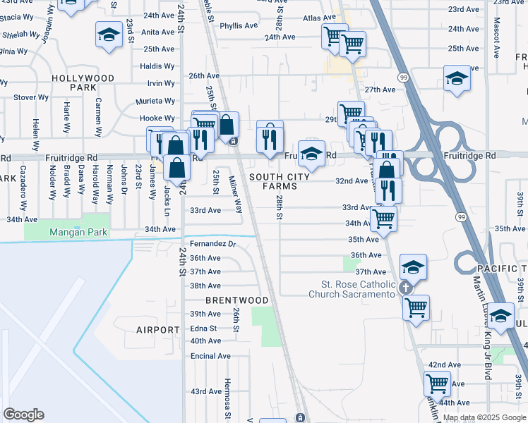 map of restaurants, bars, coffee shops, grocery stores, and more near 2750 33rd Avenue in Sacramento