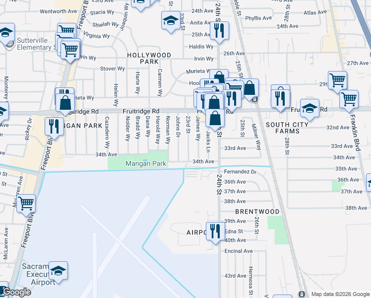 map of restaurants, bars, coffee shops, grocery stores, and more near 5689 Johns Drive in Sacramento