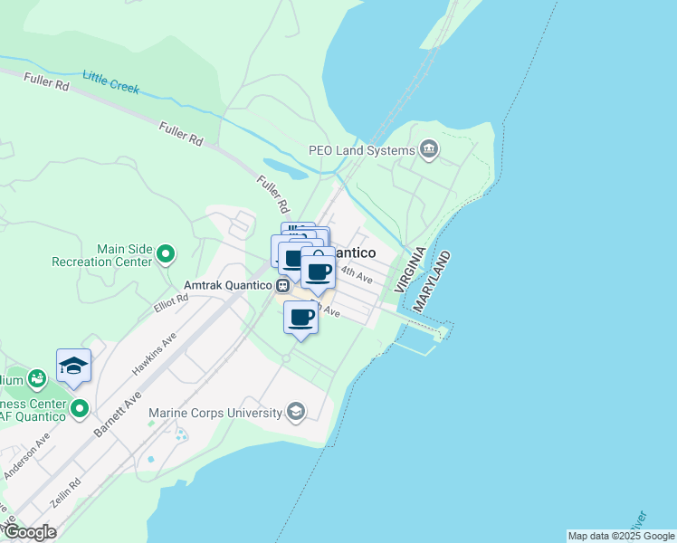 map of restaurants, bars, coffee shops, grocery stores, and more near 402 Broadway Street in Quantico
