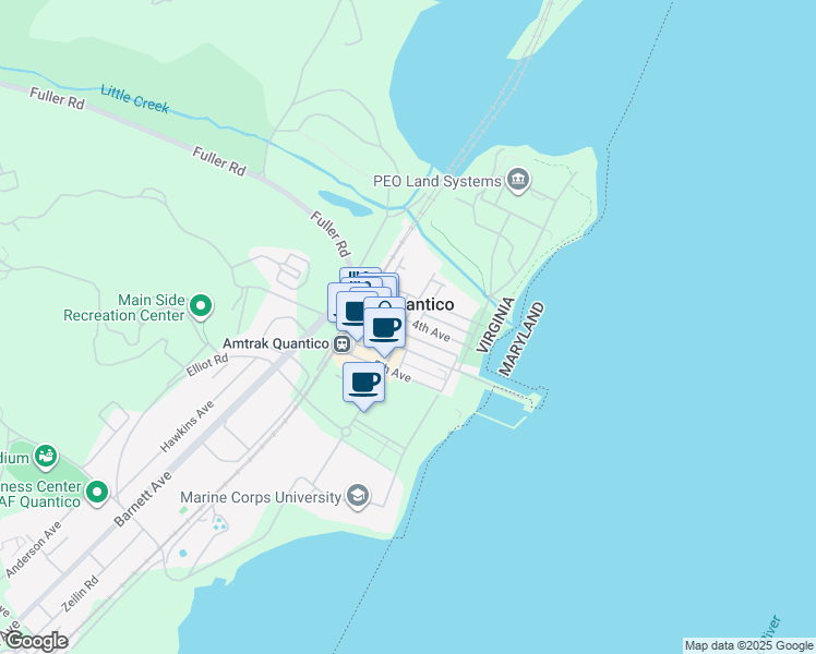 map of restaurants, bars, coffee shops, grocery stores, and more near 402 Broadway Street in Quantico