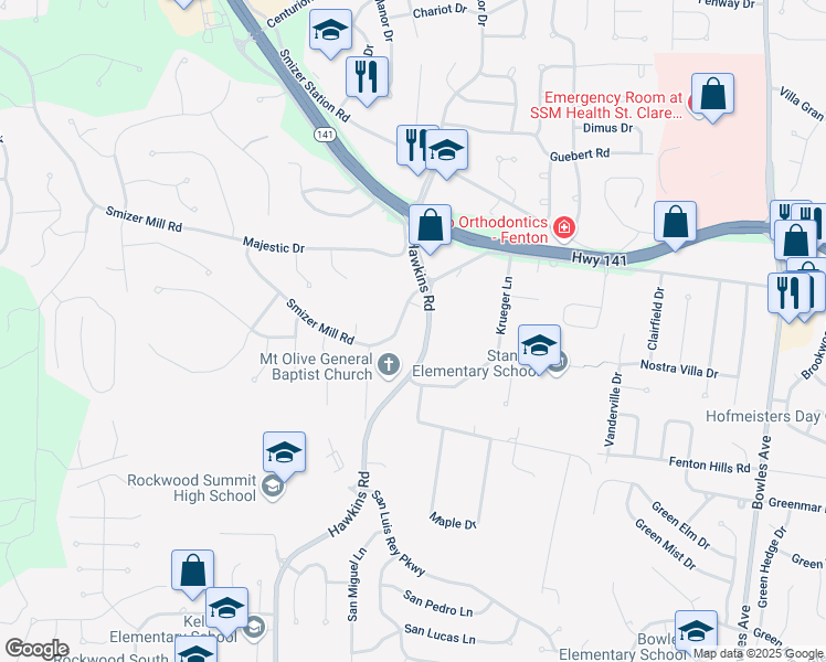 map of restaurants, bars, coffee shops, grocery stores, and more near 1662 Smizer Mill Road in Fenton