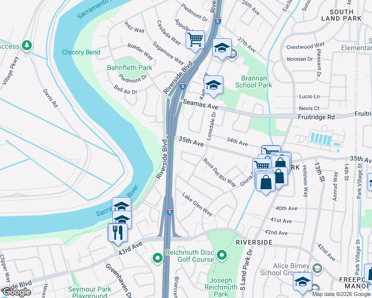 map of restaurants, bars, coffee shops, grocery stores, and more near 1037 35th Avenue in Sacramento