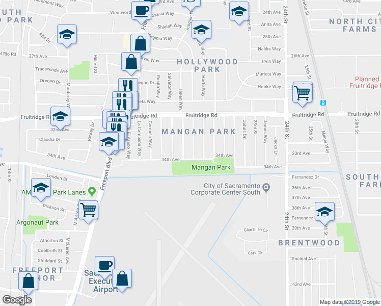 map of restaurants, bars, coffee shops, grocery stores, and more near 5645 Nolder Way in Sacramento