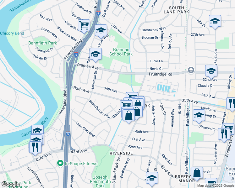 map of restaurants, bars, coffee shops, grocery stores, and more near 5658 Delcliff Circle in Sacramento