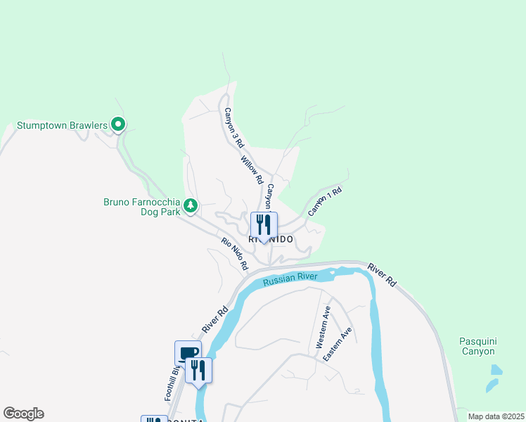 map of restaurants, bars, coffee shops, grocery stores, and more near 14850 Willow Road in Guerneville