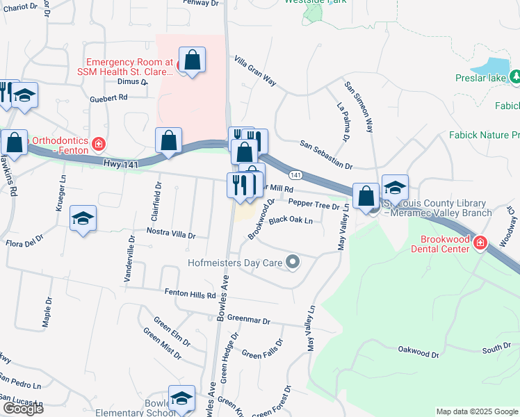 map of restaurants, bars, coffee shops, grocery stores, and more near 9 Brookwood Drive in Fenton