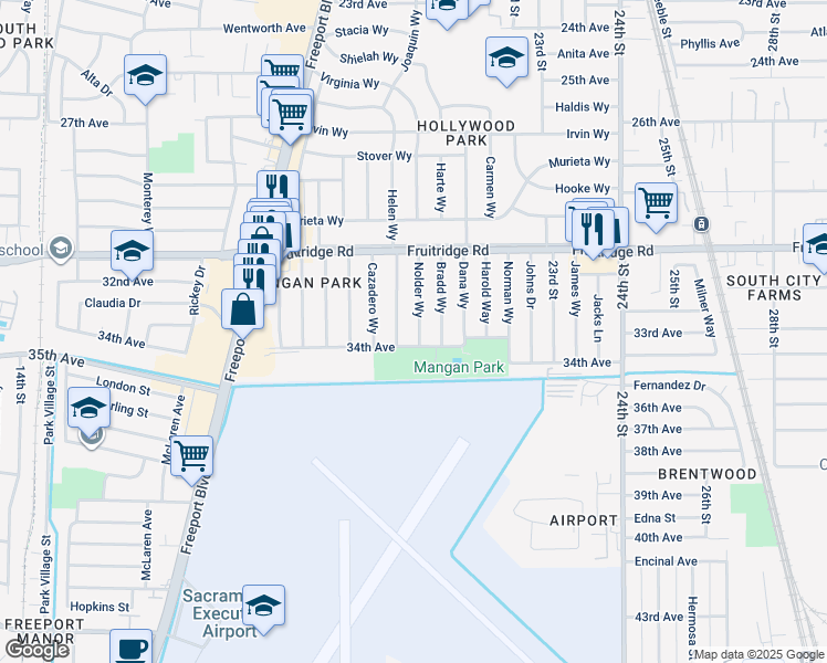 map of restaurants, bars, coffee shops, grocery stores, and more near 5664 Nolder Way in Sacramento