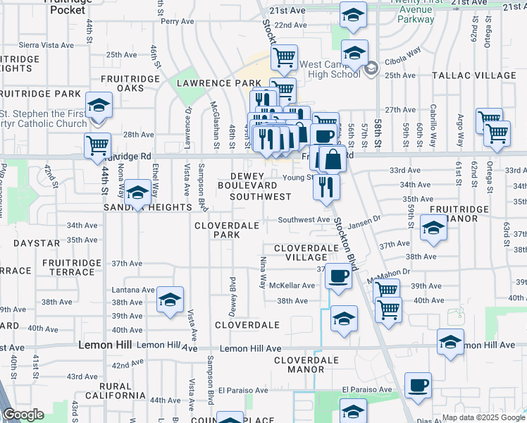 map of restaurants, bars, coffee shops, grocery stores, and more near 5744 Nina Way in Sacramento