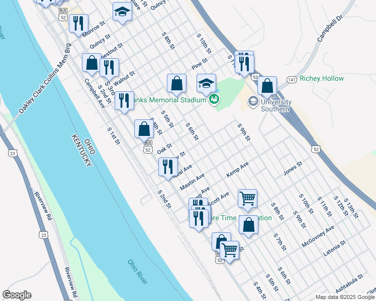 map of restaurants, bars, coffee shops, grocery stores, and more near 1799 South 5th Street in Ironton