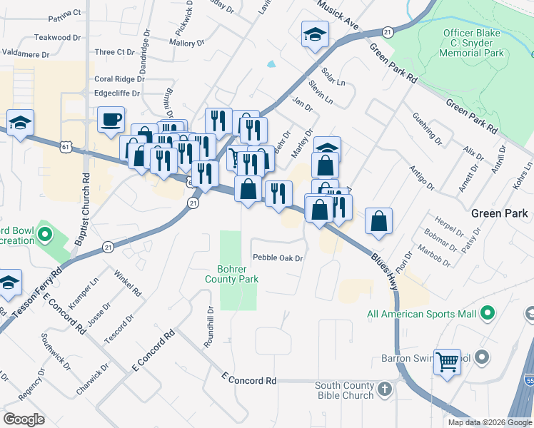 map of restaurants, bars, coffee shops, grocery stores, and more near 5714 U.S. 61 in St. Louis