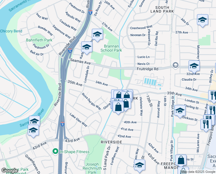map of restaurants, bars, coffee shops, grocery stores, and more near 5658 Delcliff Circle in Sacramento