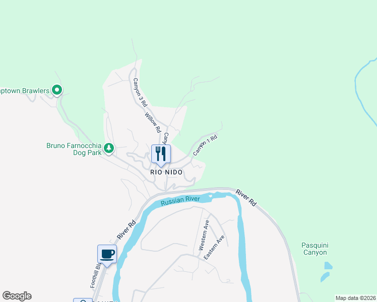 map of restaurants, bars, coffee shops, grocery stores, and more near 14796 Canyon 1 Road in Guerneville