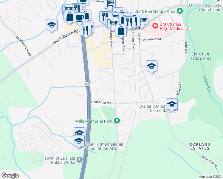 map of restaurants, bars, coffee shops, grocery stores, and more near 105 Palmetto Court in La Plata