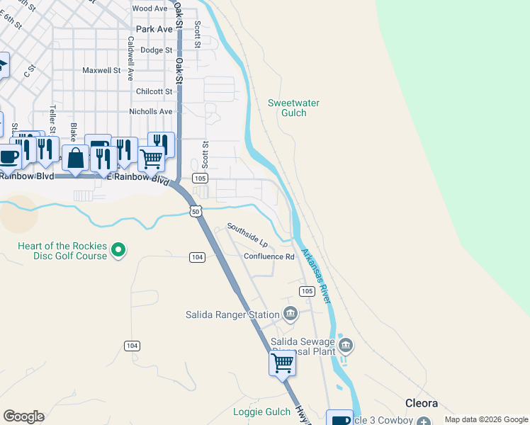 map of restaurants, bars, coffee shops, grocery stores, and more near 7193 County Road 105 in Salida