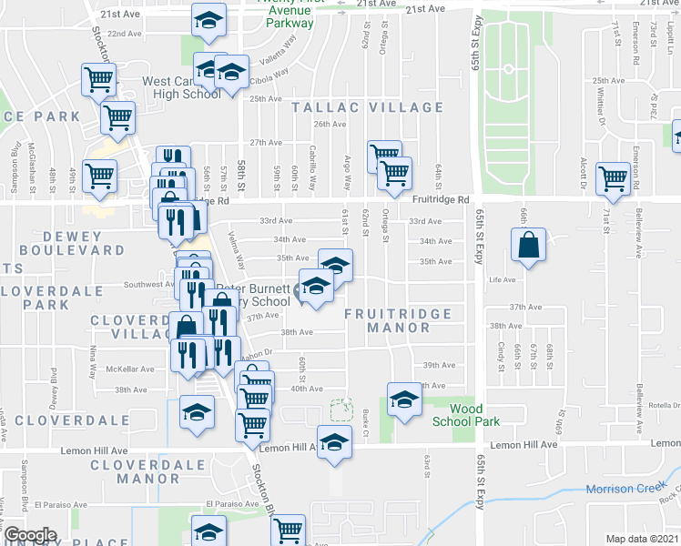 map of restaurants, bars, coffee shops, grocery stores, and more near 6071 Jansen Dr in Sacramento