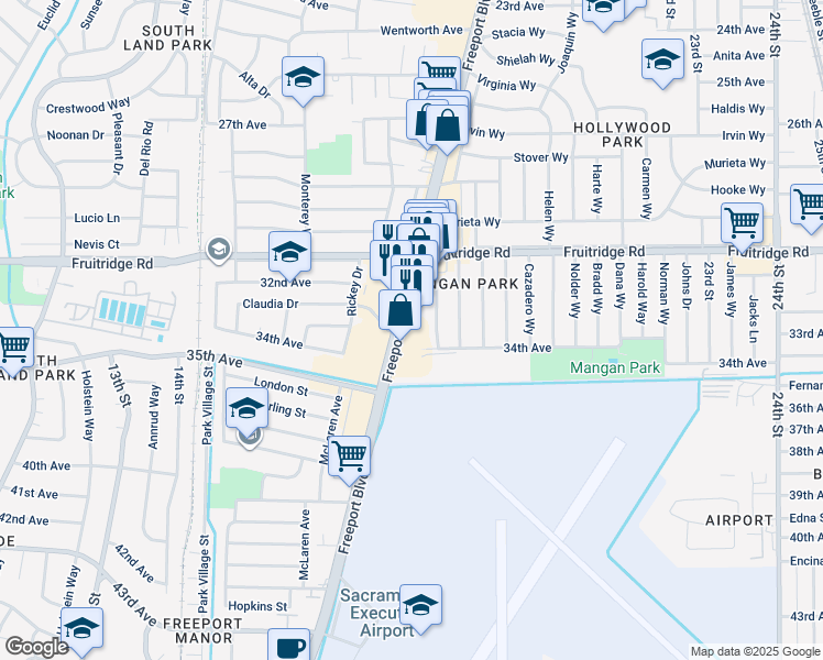 map of restaurants, bars, coffee shops, grocery stores, and more near 5640 El Arado Way in Sacramento