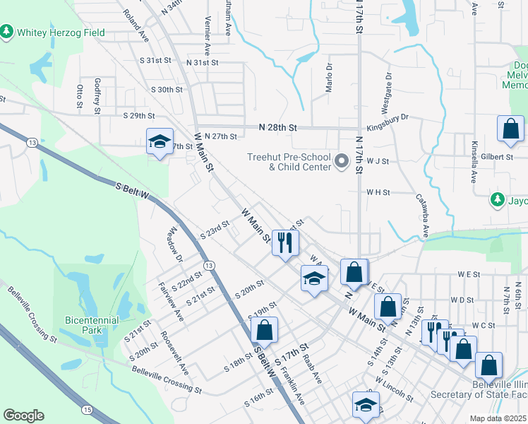 map of restaurants, bars, coffee shops, grocery stores, and more near 2216 West A Street in Belleville