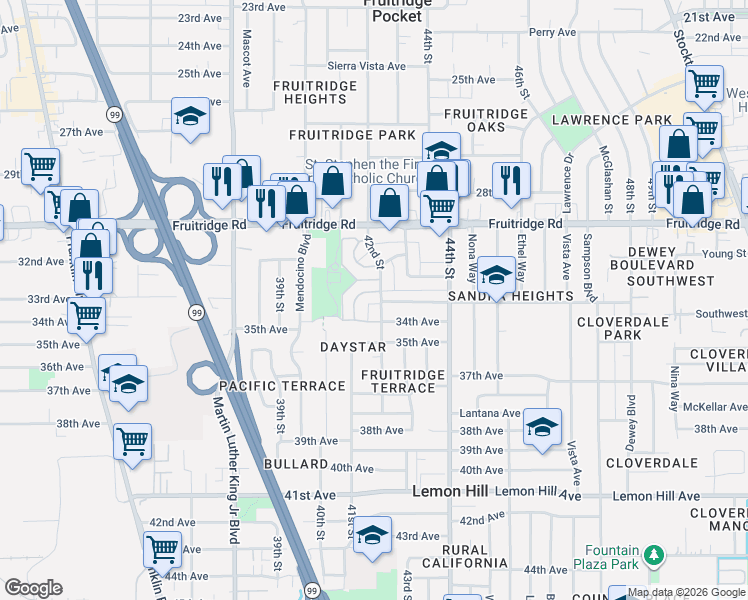 map of restaurants, bars, coffee shops, grocery stores, and more near 5661 42nd Street in Sacramento