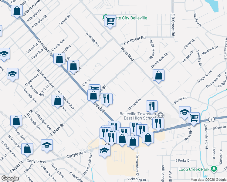 map of restaurants, bars, coffee shops, grocery stores, and more near 103 Juniper Drive in Belleville