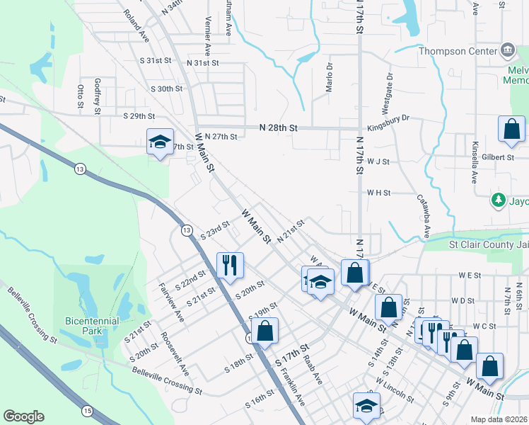 map of restaurants, bars, coffee shops, grocery stores, and more near 2216 West A Street in Belleville