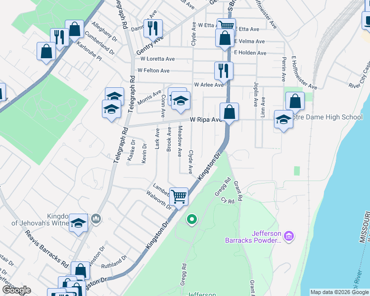 map of restaurants, bars, coffee shops, grocery stores, and more near 9935 Clyde Avenue in St. Louis