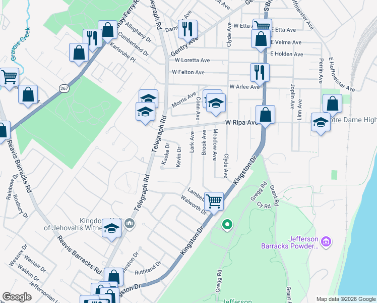 map of restaurants, bars, coffee shops, grocery stores, and more near 9921 Lark Avenue in St. Louis
