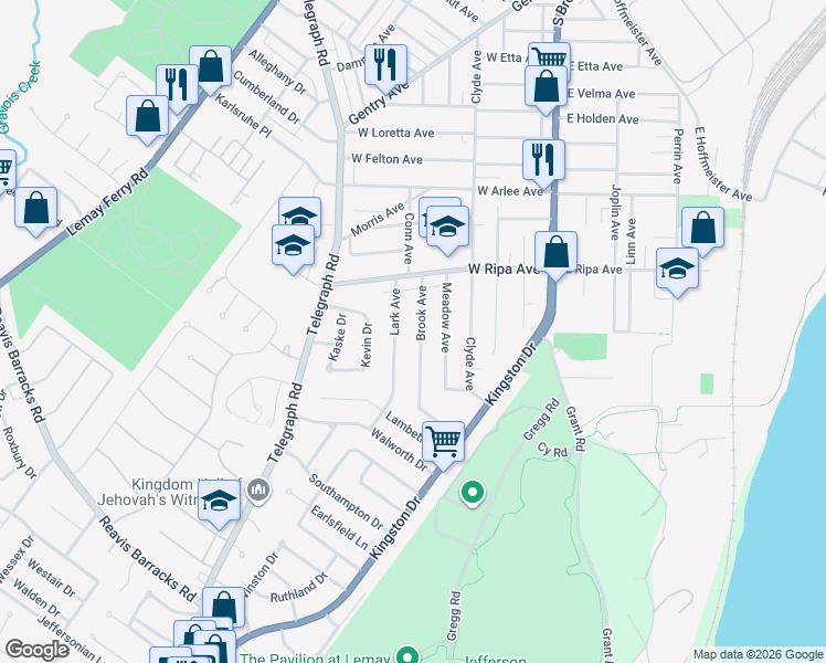 map of restaurants, bars, coffee shops, grocery stores, and more near 9930 Brook Avenue in St. Louis