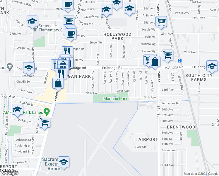 map of restaurants, bars, coffee shops, grocery stores, and more near 5660 Bradd Way in Sacramento
