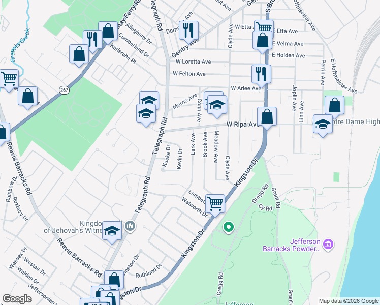 map of restaurants, bars, coffee shops, grocery stores, and more near 9921 Lark Avenue in St. Louis