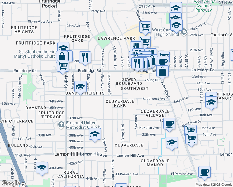map of restaurants, bars, coffee shops, grocery stores, and more near 5736 Falconer Way in Sacramento