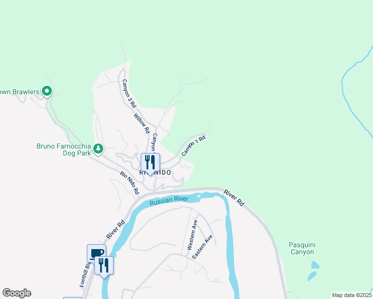 map of restaurants, bars, coffee shops, grocery stores, and more near 14796 Canyon 1 Road in Guerneville