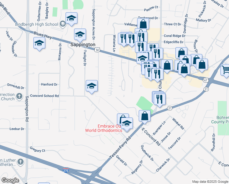 map of restaurants, bars, coffee shops, grocery stores, and more near 10644 Carroll Wood Way in St. Louis