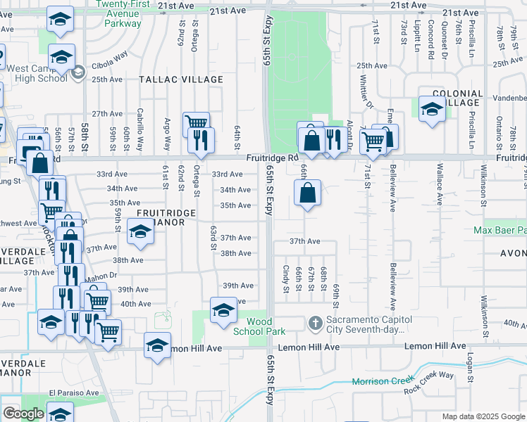 map of restaurants, bars, coffee shops, grocery stores, and more near 5749 64th Street in Sacramento