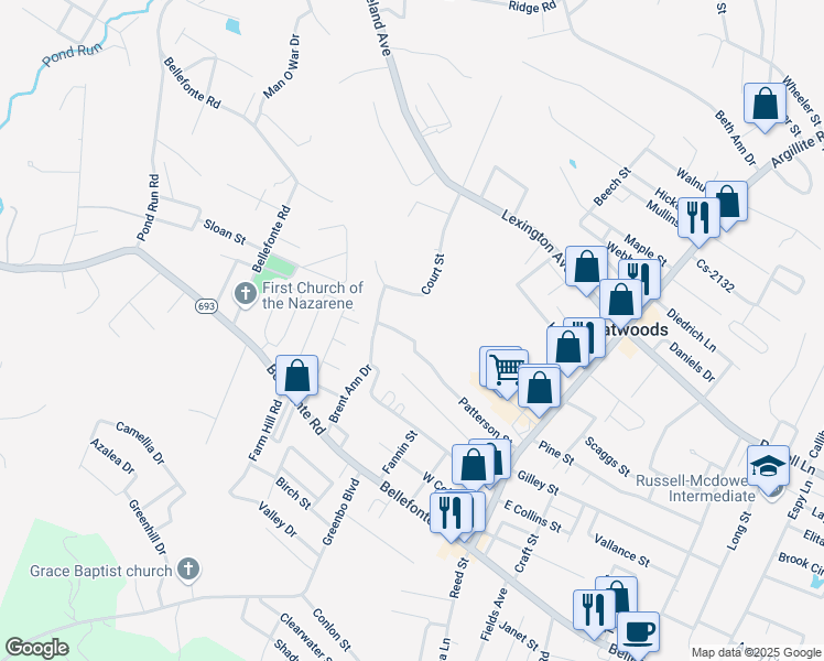 map of restaurants, bars, coffee shops, grocery stores, and more near 2000-2298 Court St in Flatwoods