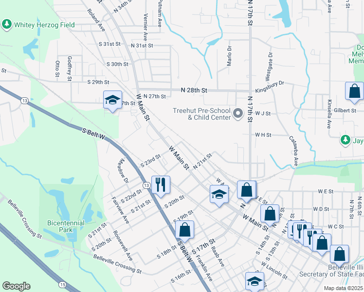 map of restaurants, bars, coffee shops, grocery stores, and more near 2216 West A Street in Belleville