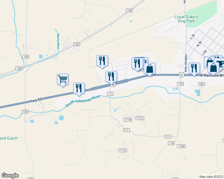 map of restaurants, bars, coffee shops, grocery stores, and more near 7820 U.S. 50 in Salida