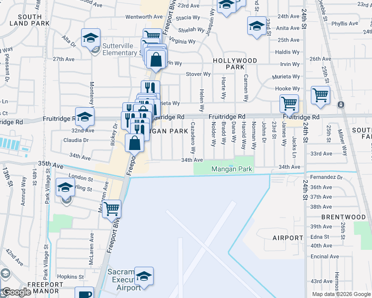 map of restaurants, bars, coffee shops, grocery stores, and more near 5644 El Granero Way in Sacramento