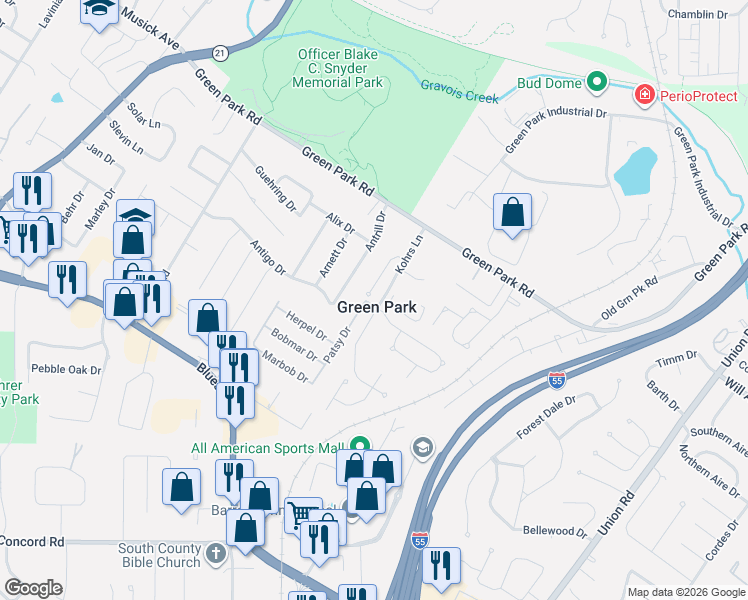 map of restaurants, bars, coffee shops, grocery stores, and more near 10949 Clydesdale Manors Court in St. Louis