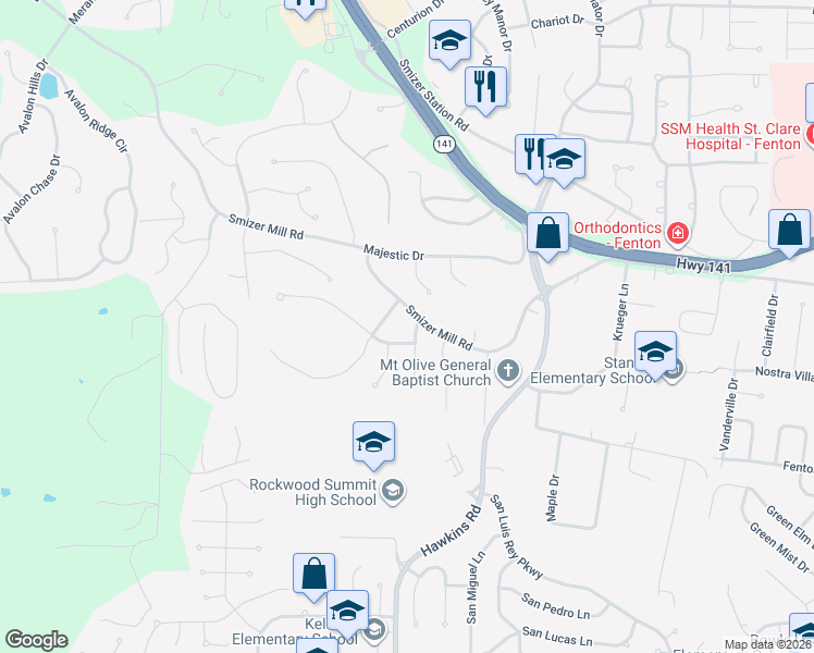 map of restaurants, bars, coffee shops, grocery stores, and more near 1739 Smizer Mill Road in Fenton