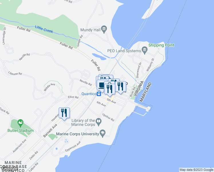 map of restaurants, bars, coffee shops, grocery stores, and more near 402 C Street in Quantico